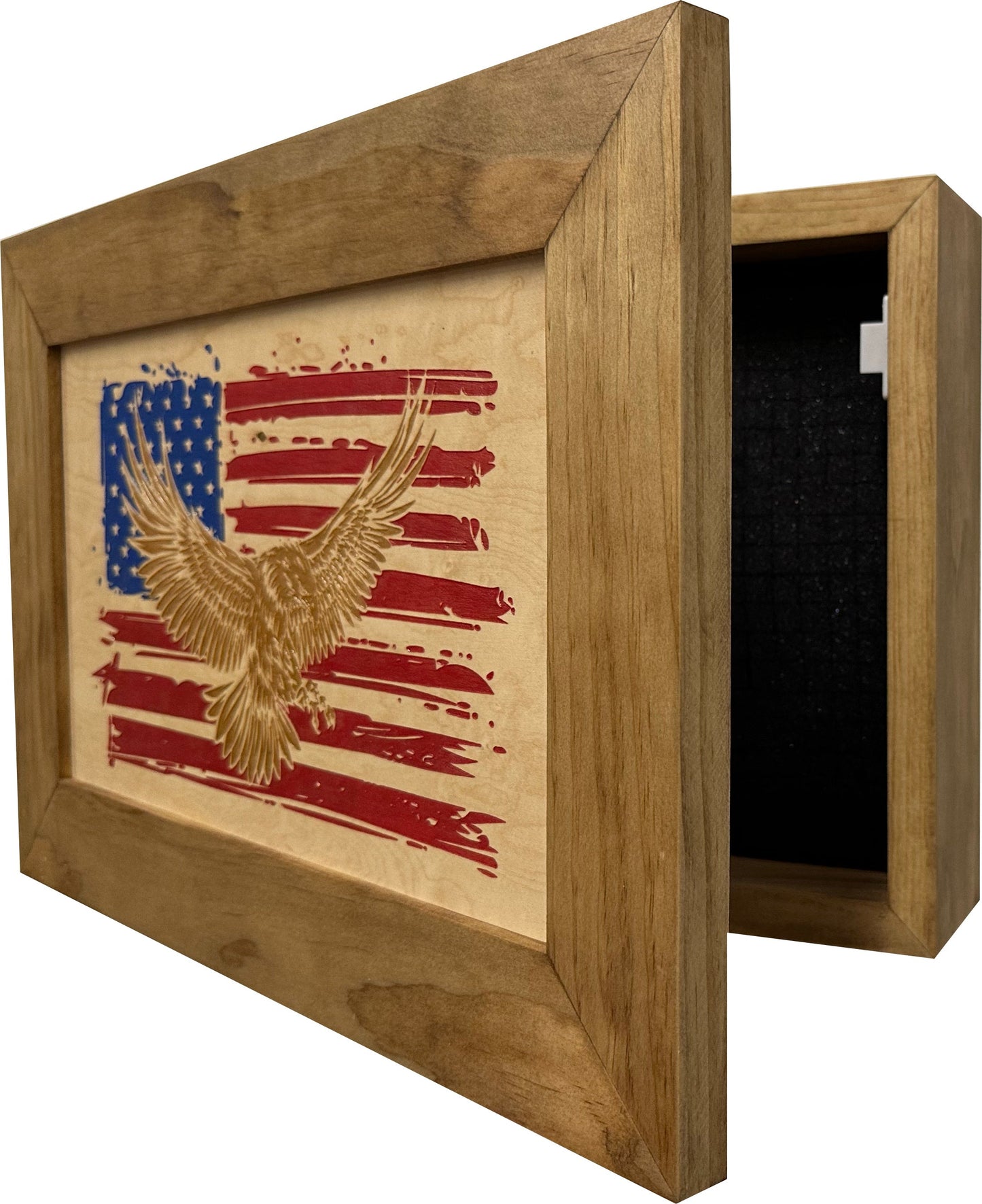 Bellewood Designs - Bald Eagle & American Flag Patriotic Decorative Wall-Mounted Secure Gun Cabinet