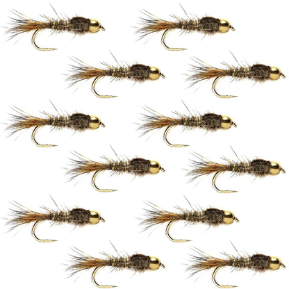 The Fly Fishing Place Barbless Bead Head Gold Ribbed Hare's Ear Nymph 1 Dozen Flies Hook Size 16