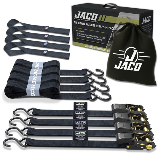 Jaco Tie Down Ratchet Straps (4 Pack) - 1 in x 15 ft | AAR Certified Break Strength (1,823 lbs) | Cargo Tie Down Set