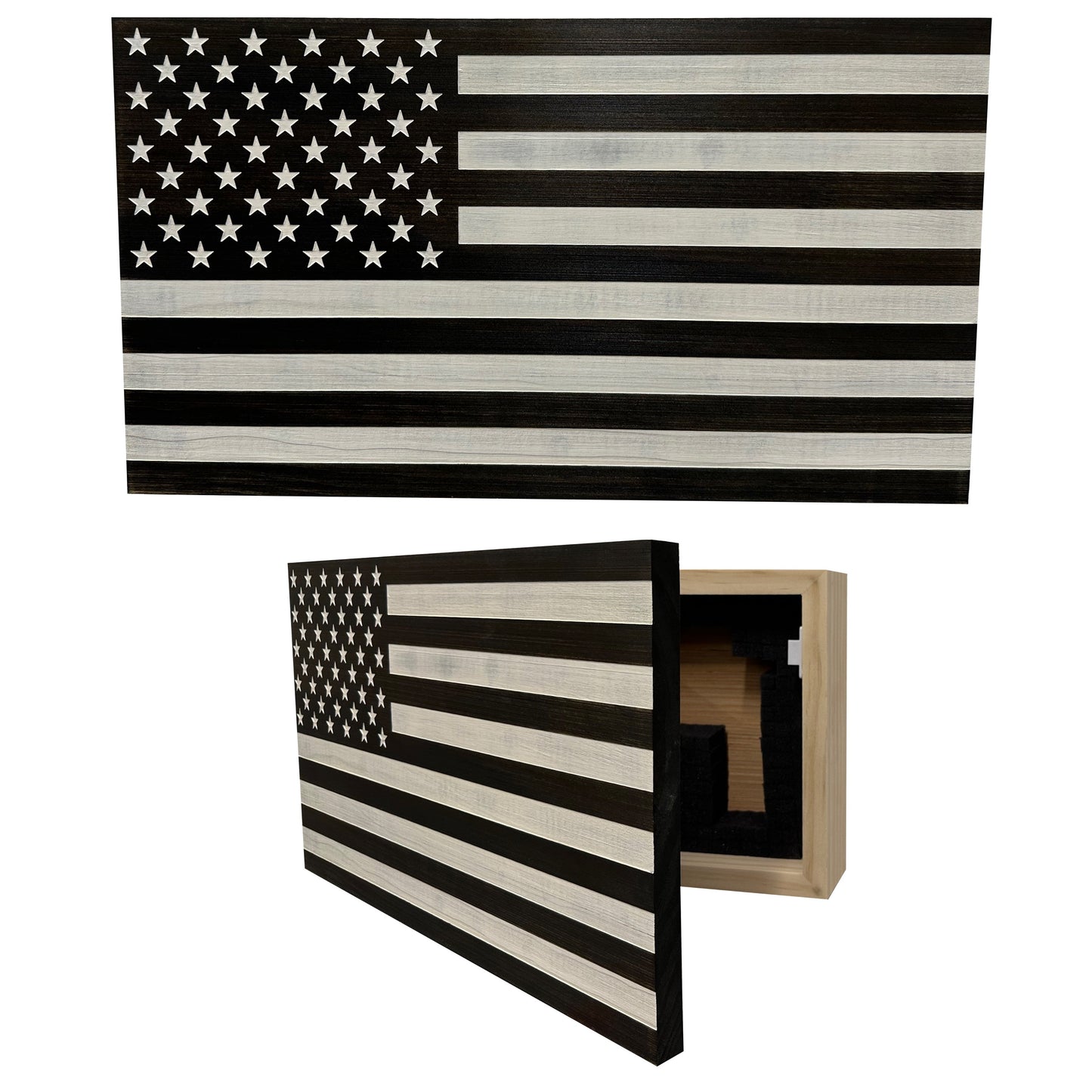 Bellewood Designs - American Flag Decorative & Secure Wall-Mounted Gun Cabinet (Black & White Distressed)
