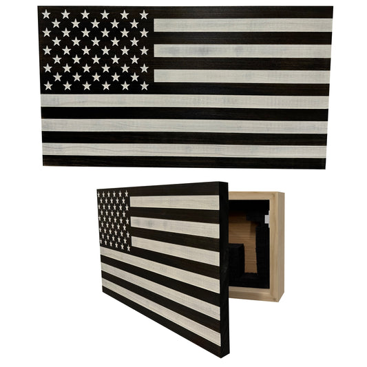 Bellewood Designs - American Flag Decorative & Secure Wall-Mounted Gun Cabinet (Black & White Distressed)