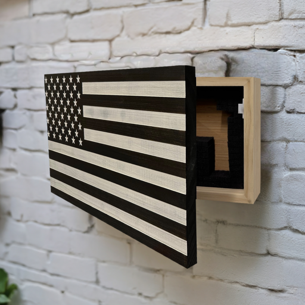 Bellewood Designs - American Flag Decorative & Secure Wall-Mounted Gun Cabinet (Black & White Distressed)