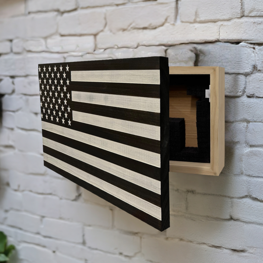 Bellewood Designs - American Flag Decorative & Secure Wall-Mounted Gun Cabinet (Black & White Distressed)