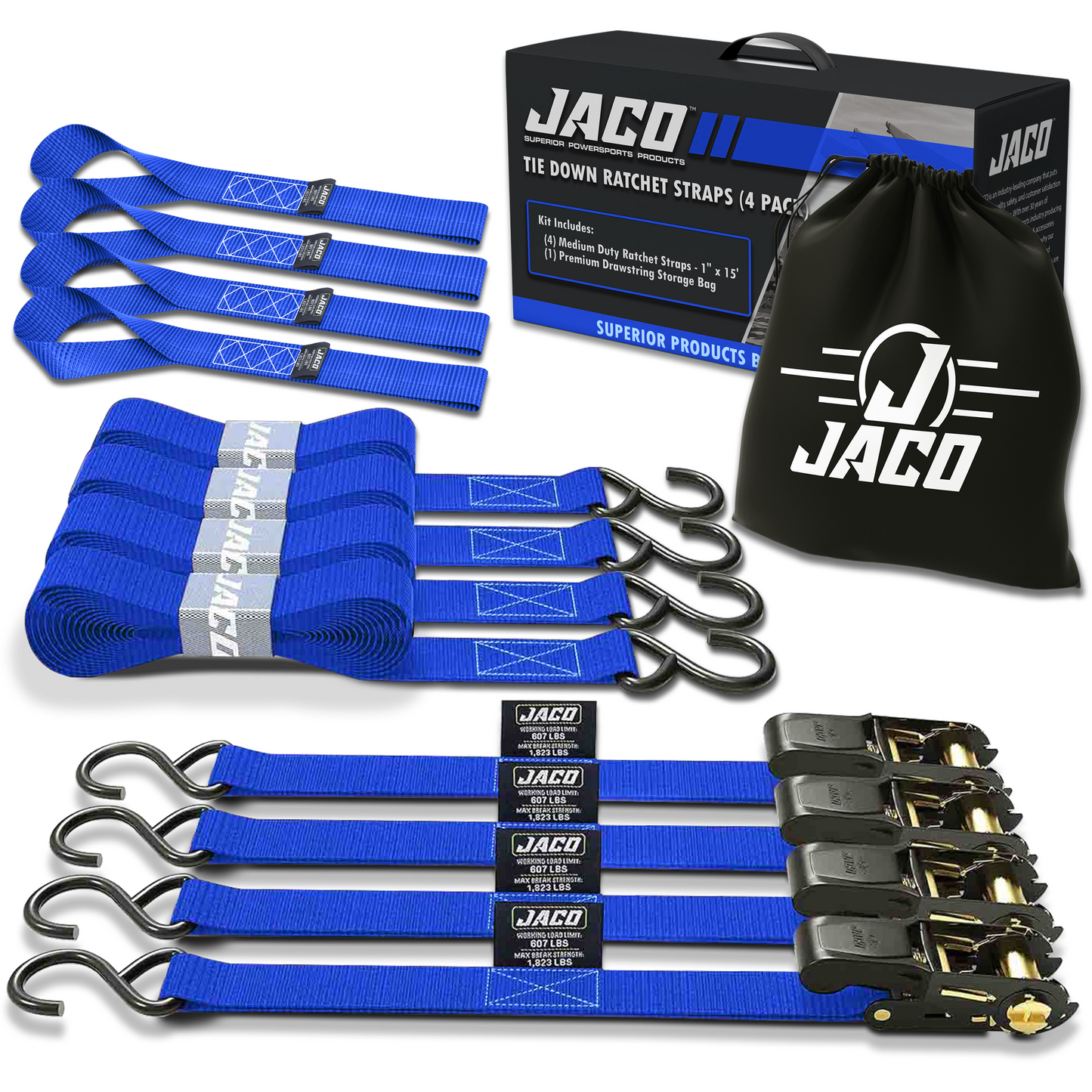 Jaco Tie Down Ratchet Straps (4 Pack) - 1 in x 15 ft | AAR Certified Break Strength (1,823 lbs) | Cargo Tie Down Set