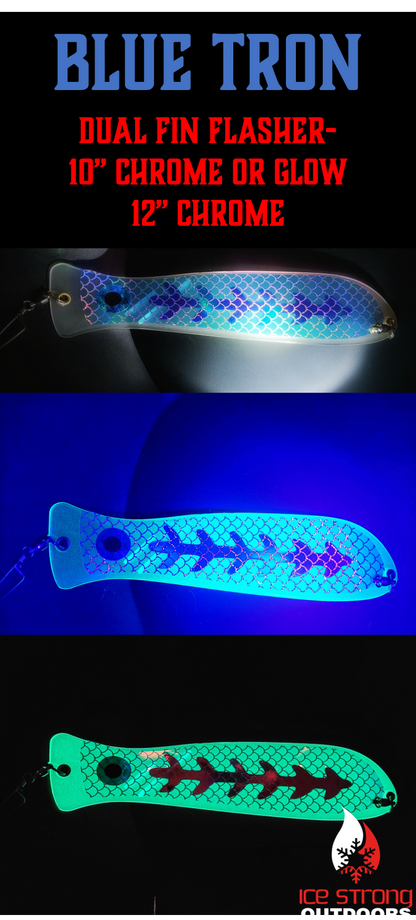 Ice Strong Outdoors - 10" or 12" Chrome/Glow Fishblades - Dragon/Dragon Slayer/Blue Tron/Green Tron