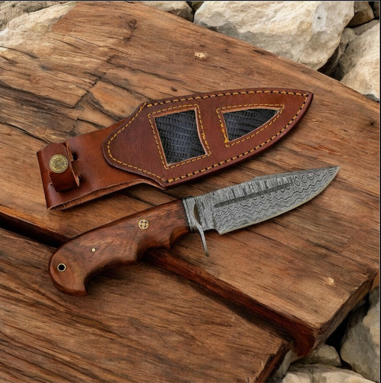 Texan Knives "Handcrafted Bobcat Knife with Damascus Steel Blade & Rosewood Handle – 9 Inches"