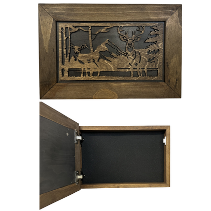 Bellewood Designs - Buck and Doe in The Woods Gun Concealment Furniture - Handcrafted Hidden Gun Storage Wall Decor - Hidden Gun Shelf with Magnetic Lock for Quick Access