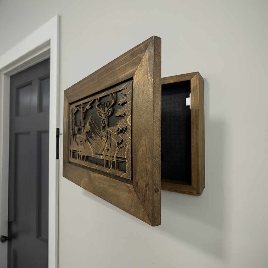 Bellewood Designs - Buck and Doe in The Woods Gun Concealment Furniture - Handcrafted Hidden Gun Storage Wall Decor - Hidden Gun Shelf with Magnetic Lock for Quick Access