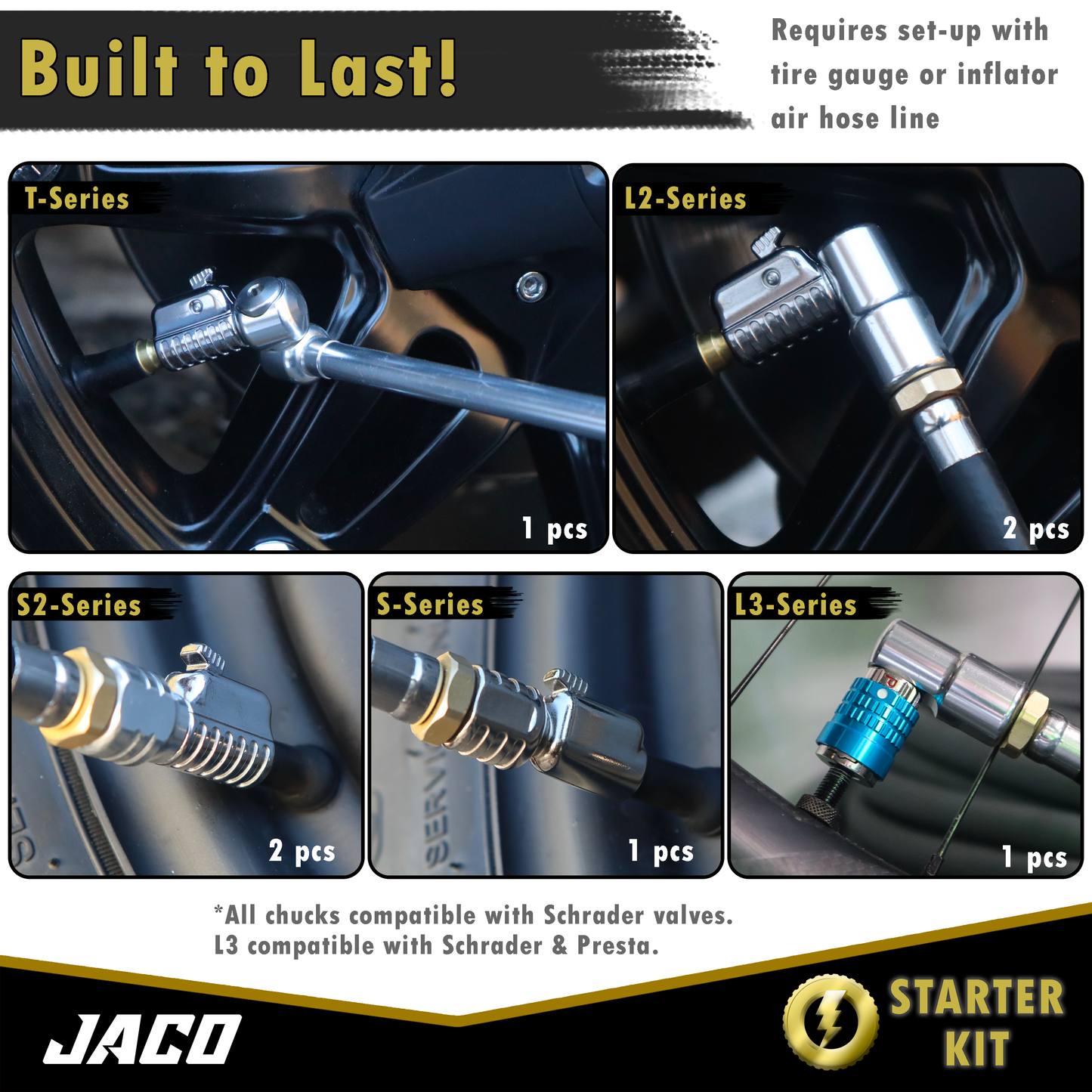 Jaco Lightning™ Tire Air Chuck Starter Kit - Patented | Open Flow, 1/4" F-NPT (Set of 7)
