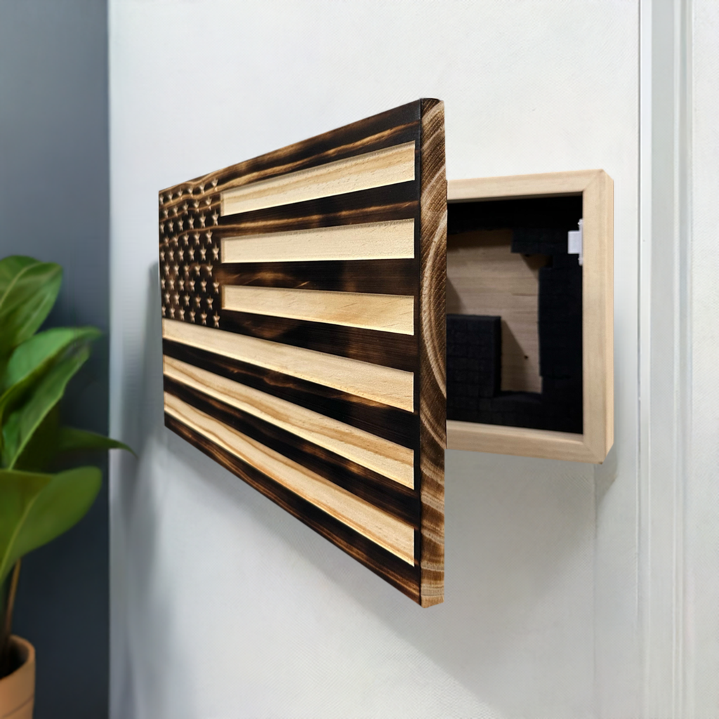 Bellewood Designs - Burnt American Flag Hidden Gun Storage Cabinet