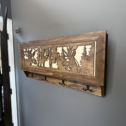 Bellewood Designs - Moose Hunting Hidden Gun Storage Coat Rack Concealment Shelf with Hooks for Coats, Bags, & Hats