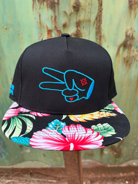 Hustlin Hippie PL Series 5 Panel Snapback Hat- BLACK/FLOWER- BLUE LOGO w/ BOLD style