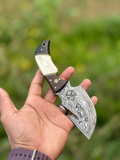 Texan Knives Custom Handmade Damascus Steel Guthook Skinning Knife with Rosewood, Camel Bone & Black Sheet Handle - 7.5” with Leather Sheath