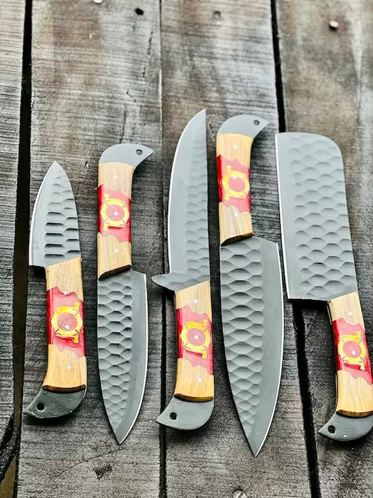 Texan Knives Stainless Steel Knife Set – 13" Forged Blades with Olivewood & Epoxy Resin Handles + Leather Sheath