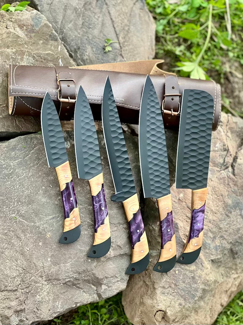 Texan Knives Best Knife Block Set – 13" Forged Stainless Steel Blade with Olivewood & Epoxy Resin Handle + Leather Sheath