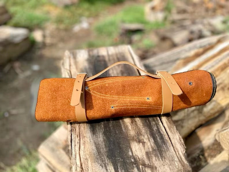 Texan Knives Sharp Kitchen Knife Set – 13" Damascus Steel Blade with Olivewood Handle, Steel Bolster & Leather Sheath