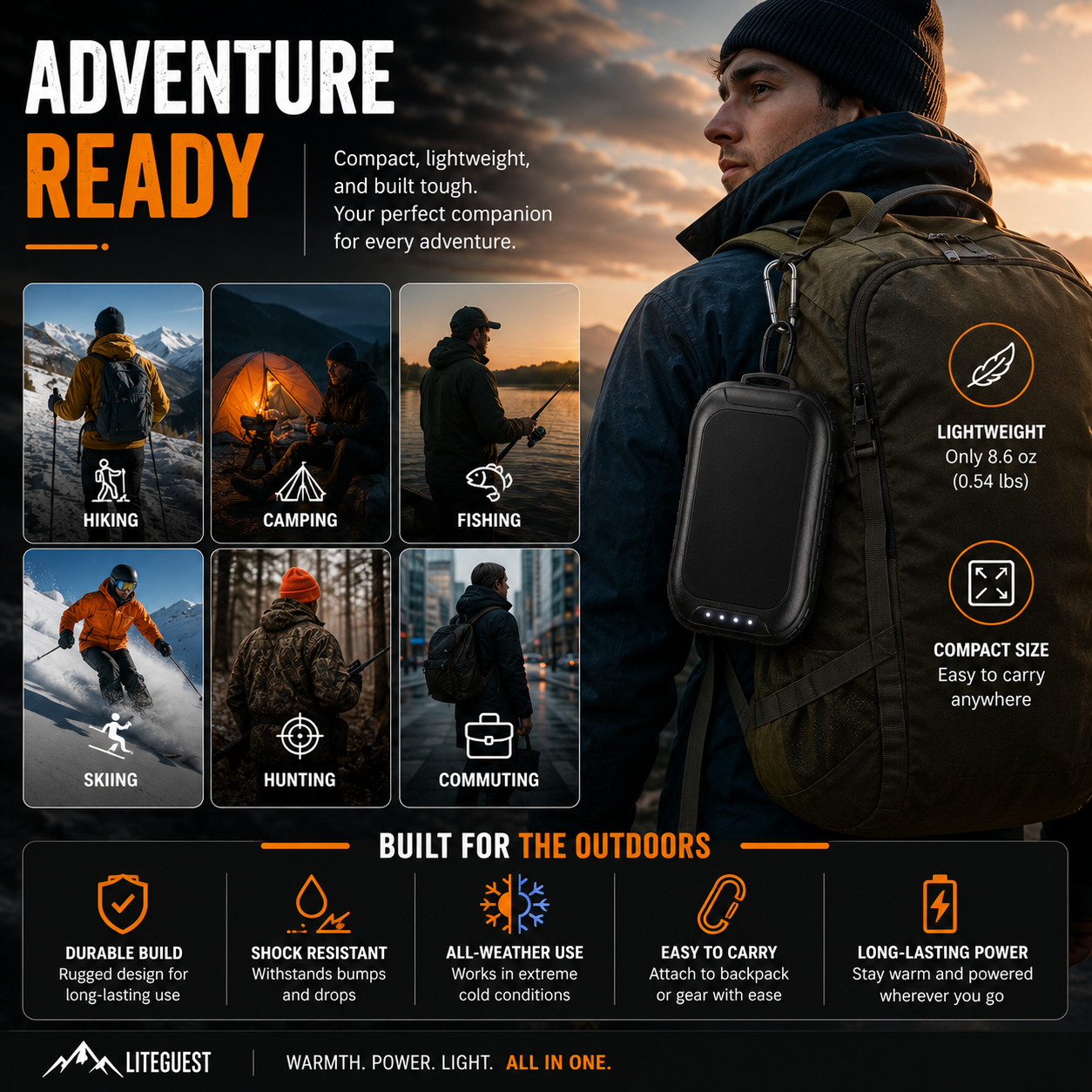 LITEGUEST Waterproof 2-in-1 Heated Hand Warmer & Power Bank with Light