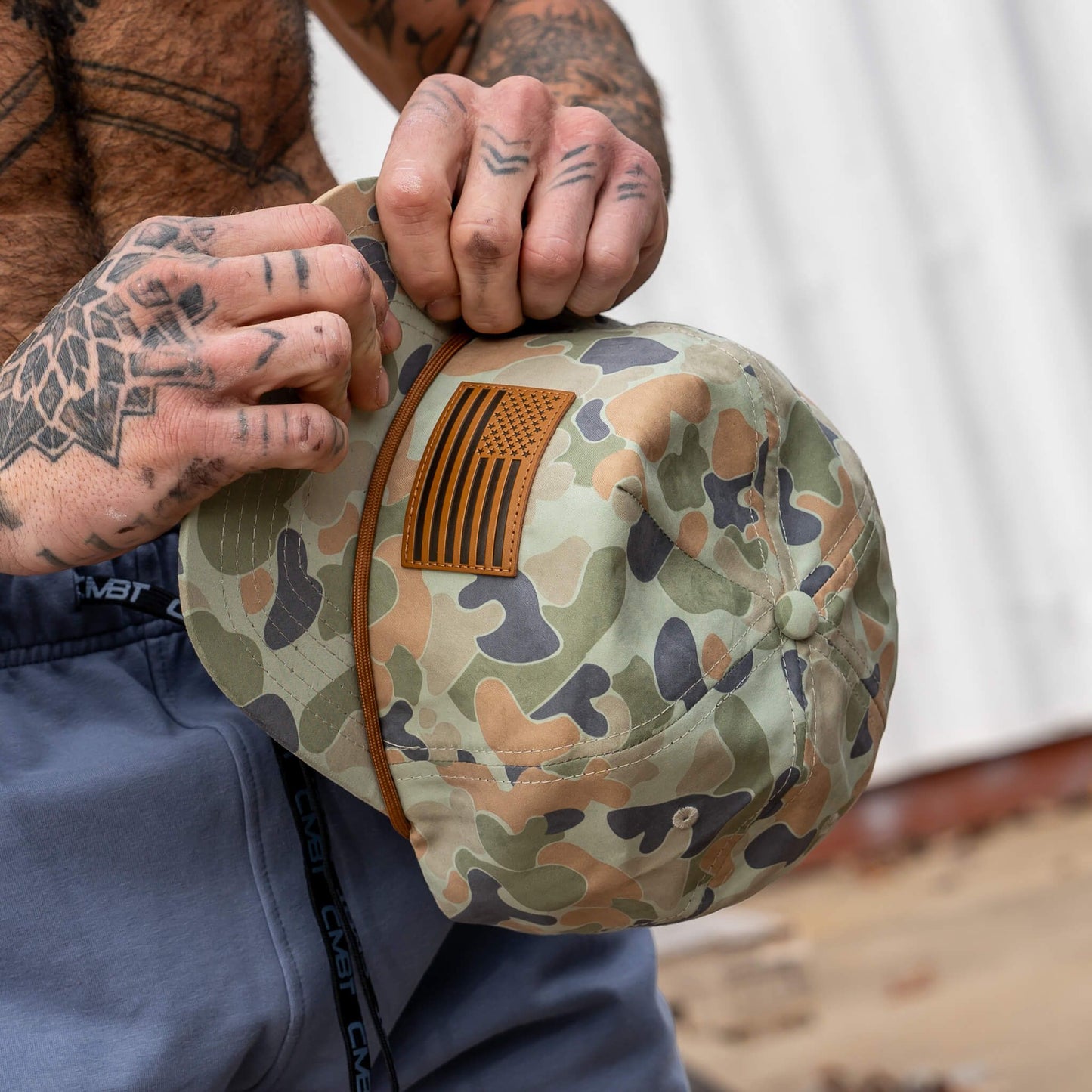 Combat Iron Apparel American Flag Leather Patch Crushable Rope Snapback Hat