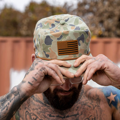 Combat Iron Apparel American Flag Leather Patch Crushable Rope Snapback Hat