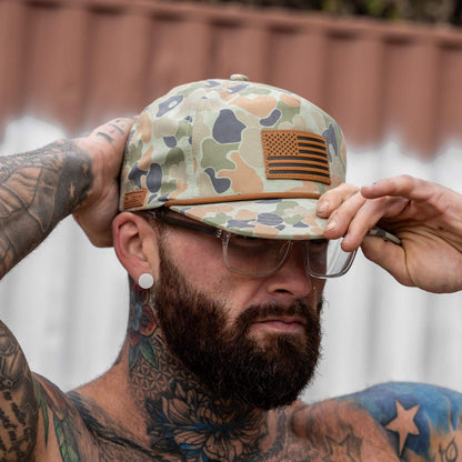 Combat Iron Apparel American Flag Leather Patch Crushable Rope Snapback Hat