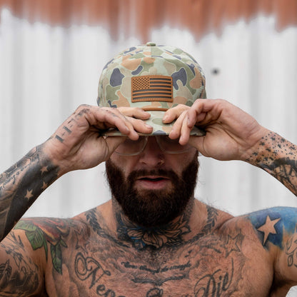 Combat Iron Apparel American Flag Leather Patch Crushable Rope Snapback Hat