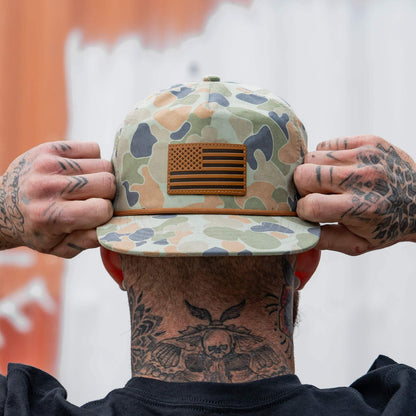 Combat Iron Apparel American Flag Leather Patch Crushable Rope Snapback Hat