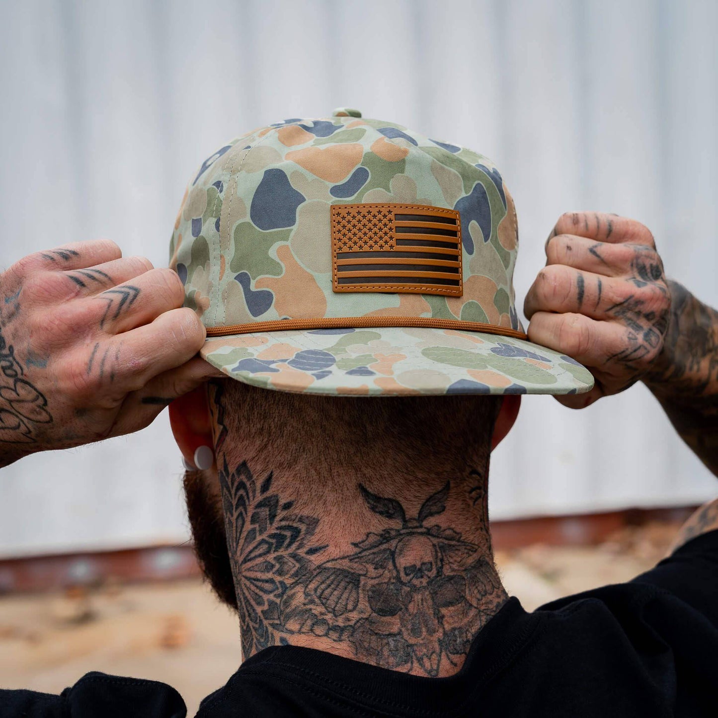 Combat Iron Apparel American Flag Leather Patch Crushable Rope Snapback Hat