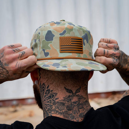 Combat Iron Apparel American Flag Leather Patch Crushable Rope Snapback Hat