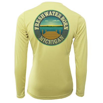 Saltwater Born Michigan Freshwater Born Linear Logo Women's Long Sleeve UPF 50+ Dry-Fit Shirt