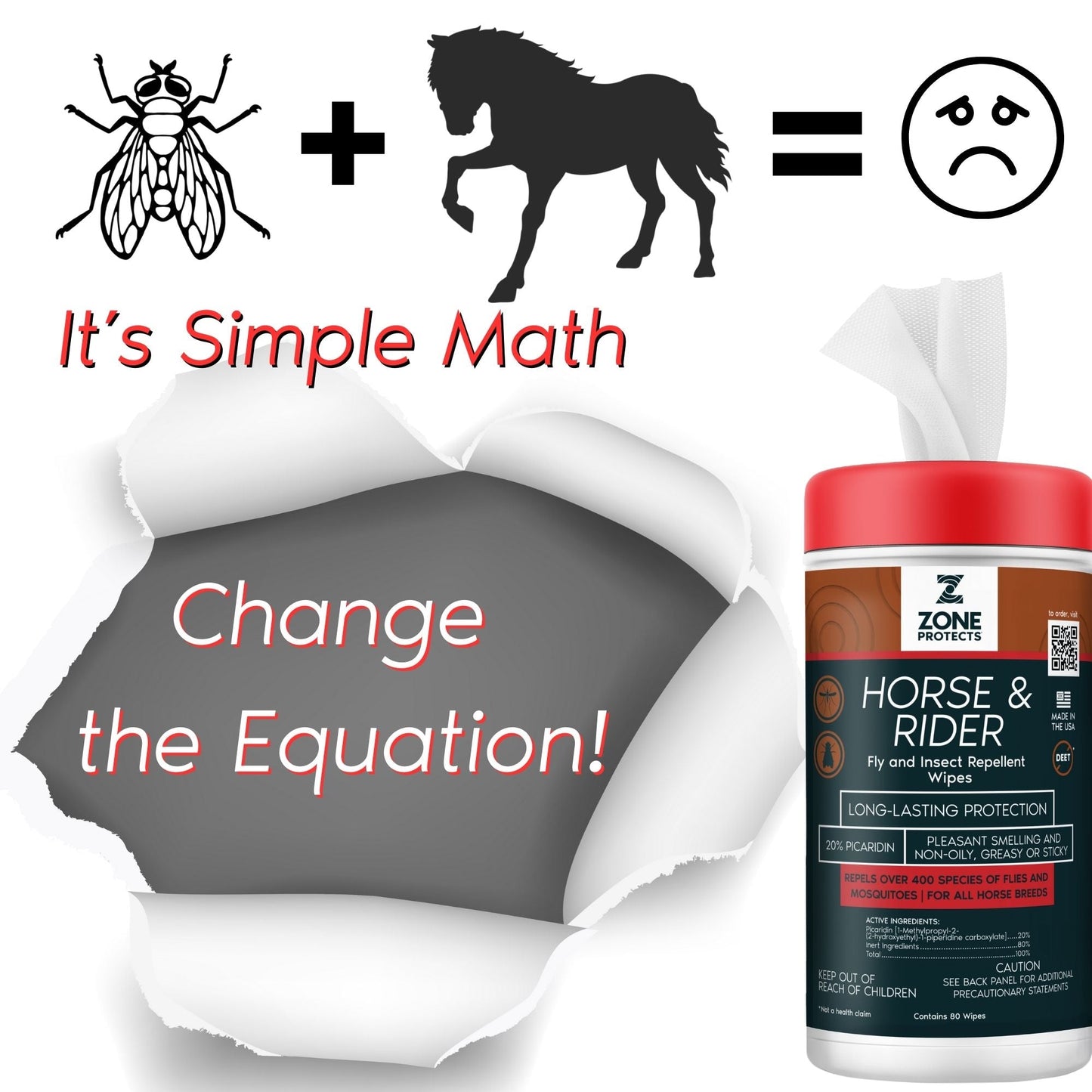 Zone Protects Horse & Rider Fly & Insect Repellent Wipes