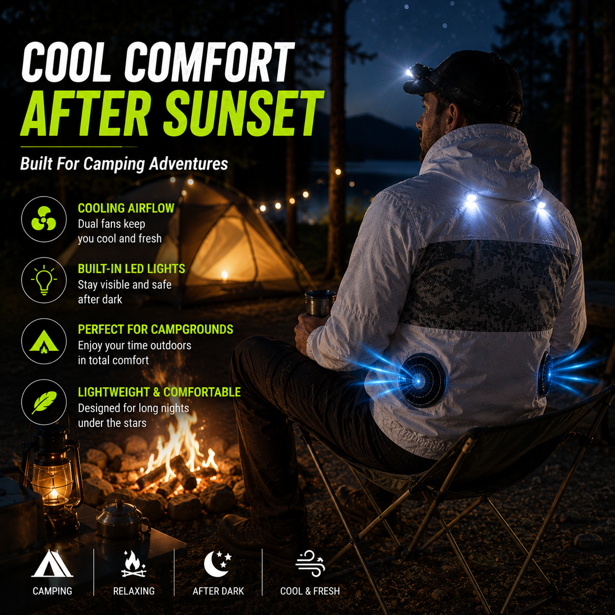 LITEGUEST Cooling Fan Jacket with LED Light Stay Cool for Outdoor