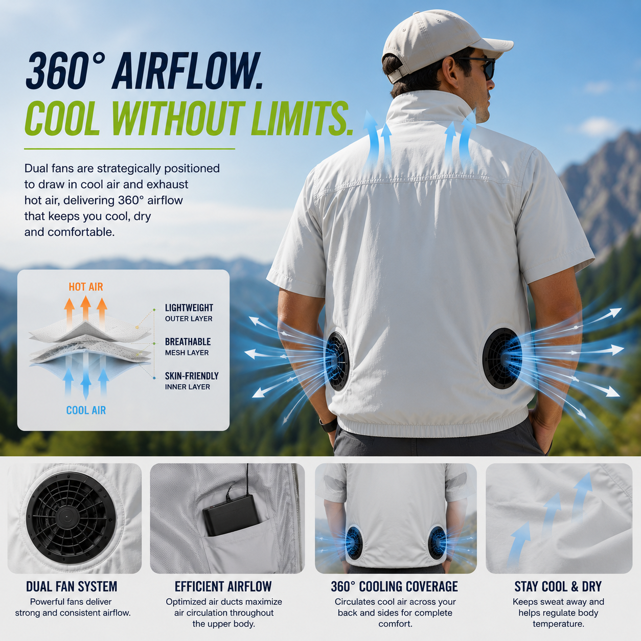 LITEGUEST Cooling Fan Vest Lightweight UPF50 for Outdoor Gear