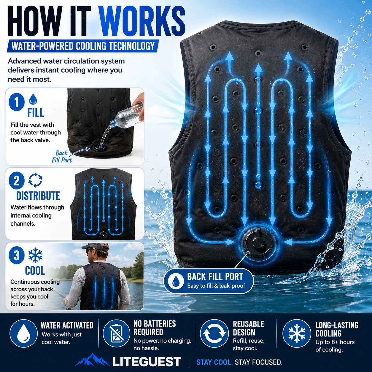 LITEGUEST™ Water Cooling Vest – 12H Chill with 1L Water for Heat Relief