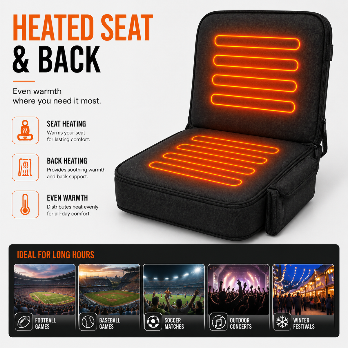 LITEGUEST USB Heated Stadium Seat Cushion Foldable Portable Chair Pad