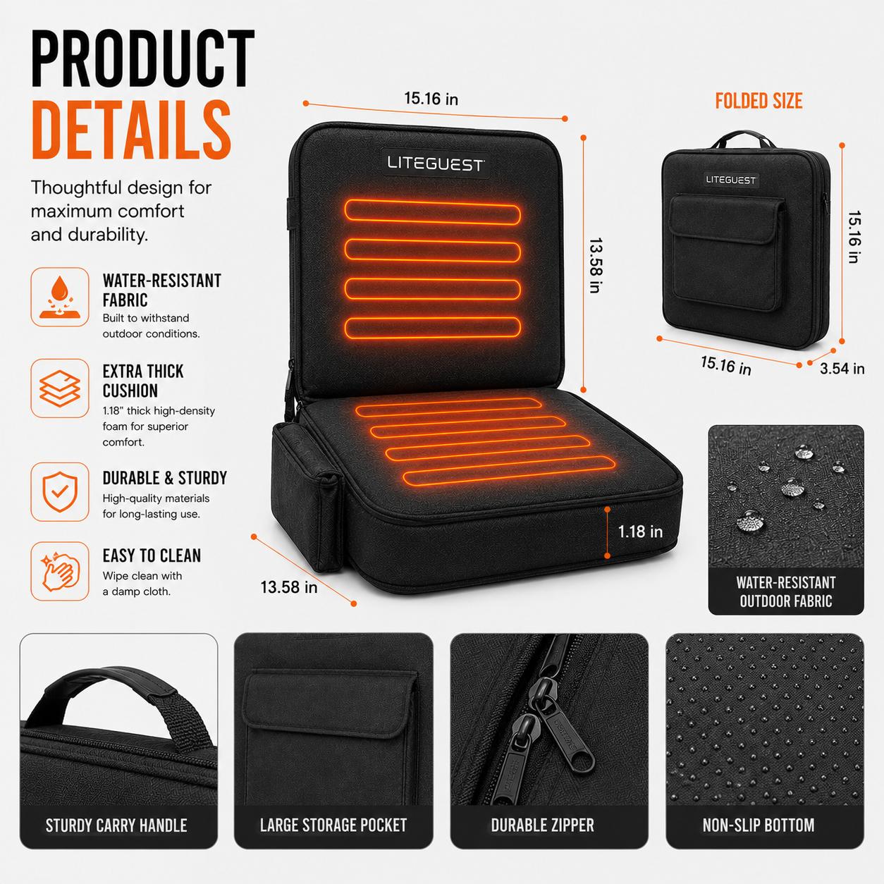 LITEGUEST USB Heated Stadium Seat Cushion Foldable Portable Chair Pad