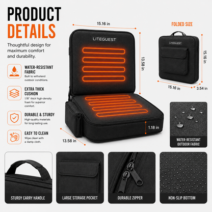 LITEGUEST USB Heated Stadium Seat Cushion Foldable Portable Chair Pad