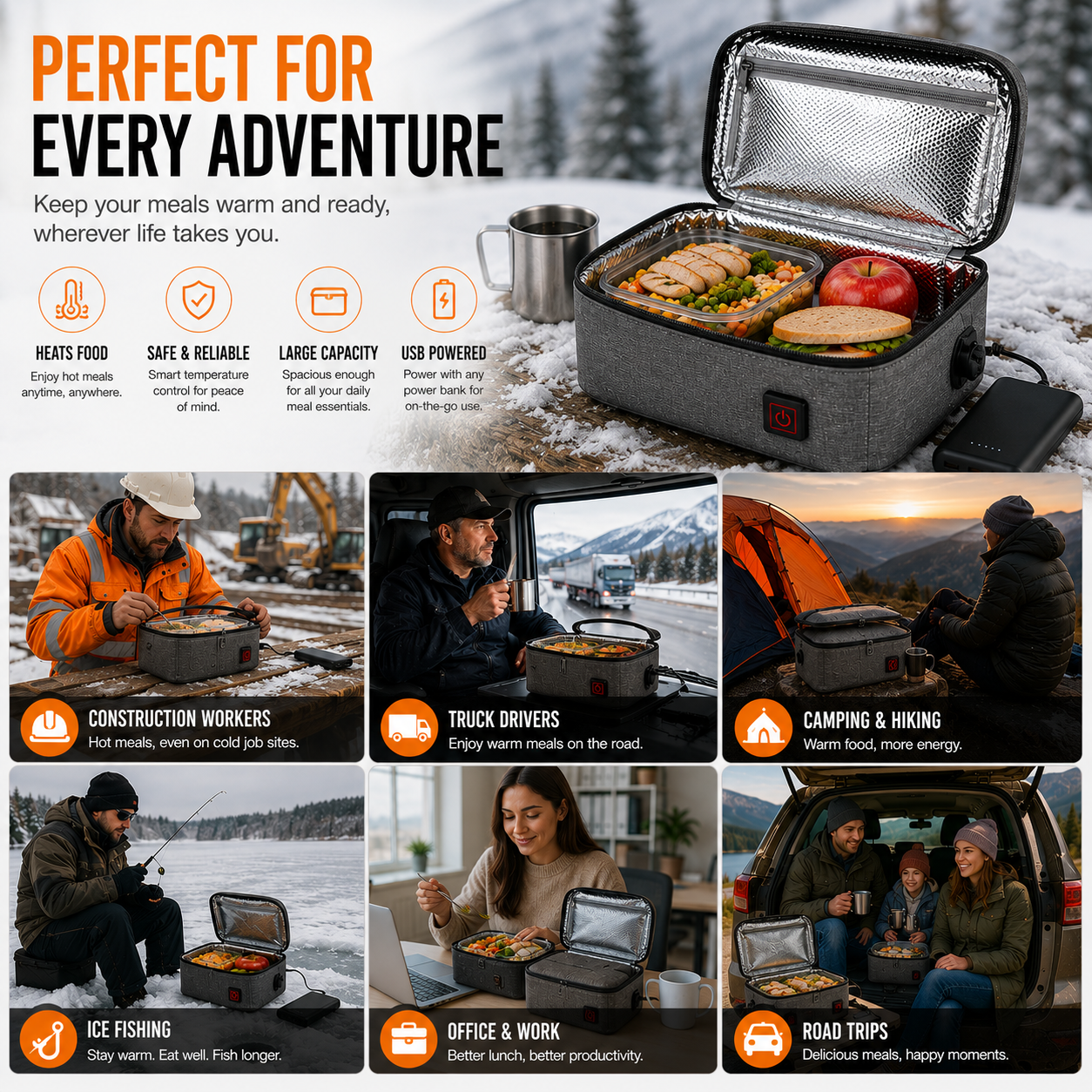 LITEGUEST USB Heated Lunch Bag – Portable Waterproof Outdoor Lunch Bag