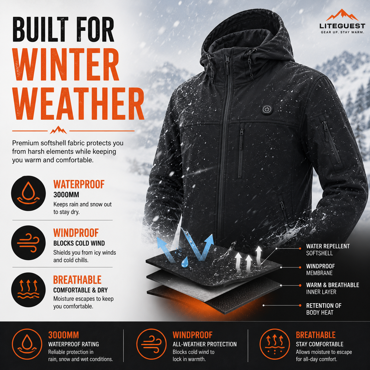 LITEGUEST Softshell 10-Zone Heated Jacket Waterproof for Winter