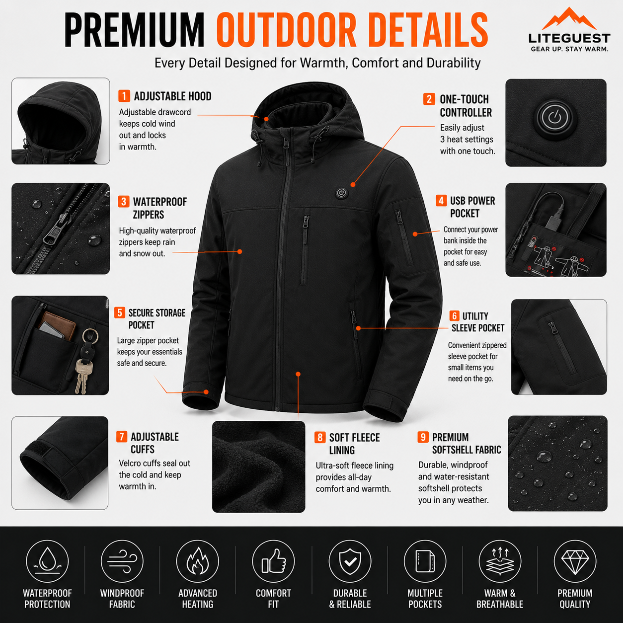 LITEGUEST Softshell 10-Zone Heated Jacket Waterproof for Winter