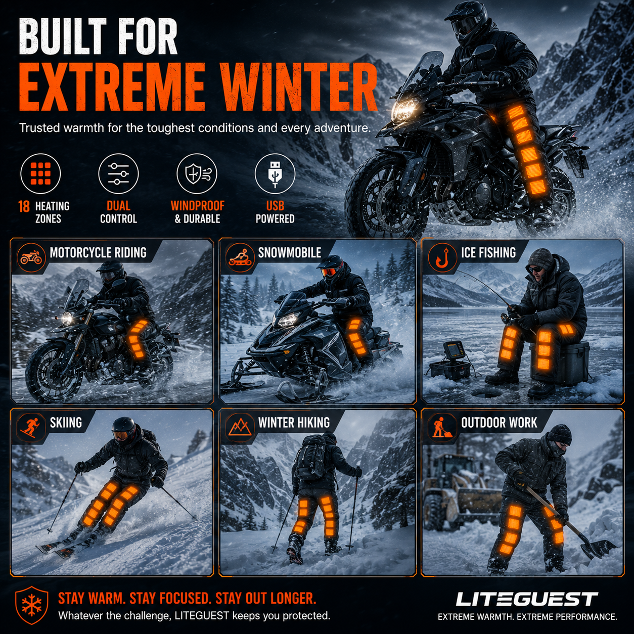 LITEGUEST 18-Zone Heated Pants Multi-Pocket Winter Outdoor Wear