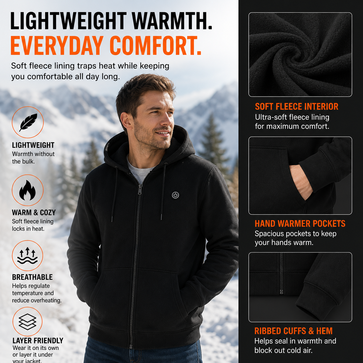LITEGUEST USB Heated Hoodie 5-Zone Heated Zip-up Hooded Sweatshirt
