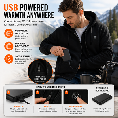 LITEGUEST USB Heated Hoodie 5-Zone Heated Zip-up Hooded Sweatshirt