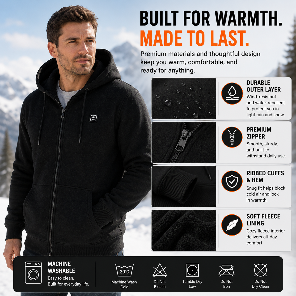 LITEGUEST USB Heated Hoodie 5-Zone Heated Zip-up Hooded Sweatshirt
