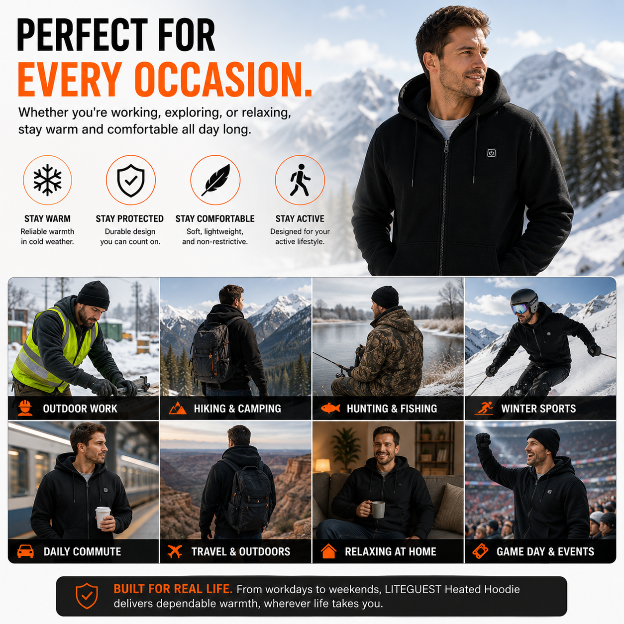 LITEGUEST USB Heated Hoodie 5-Zone Heated Zip-up Hooded Sweatshirt