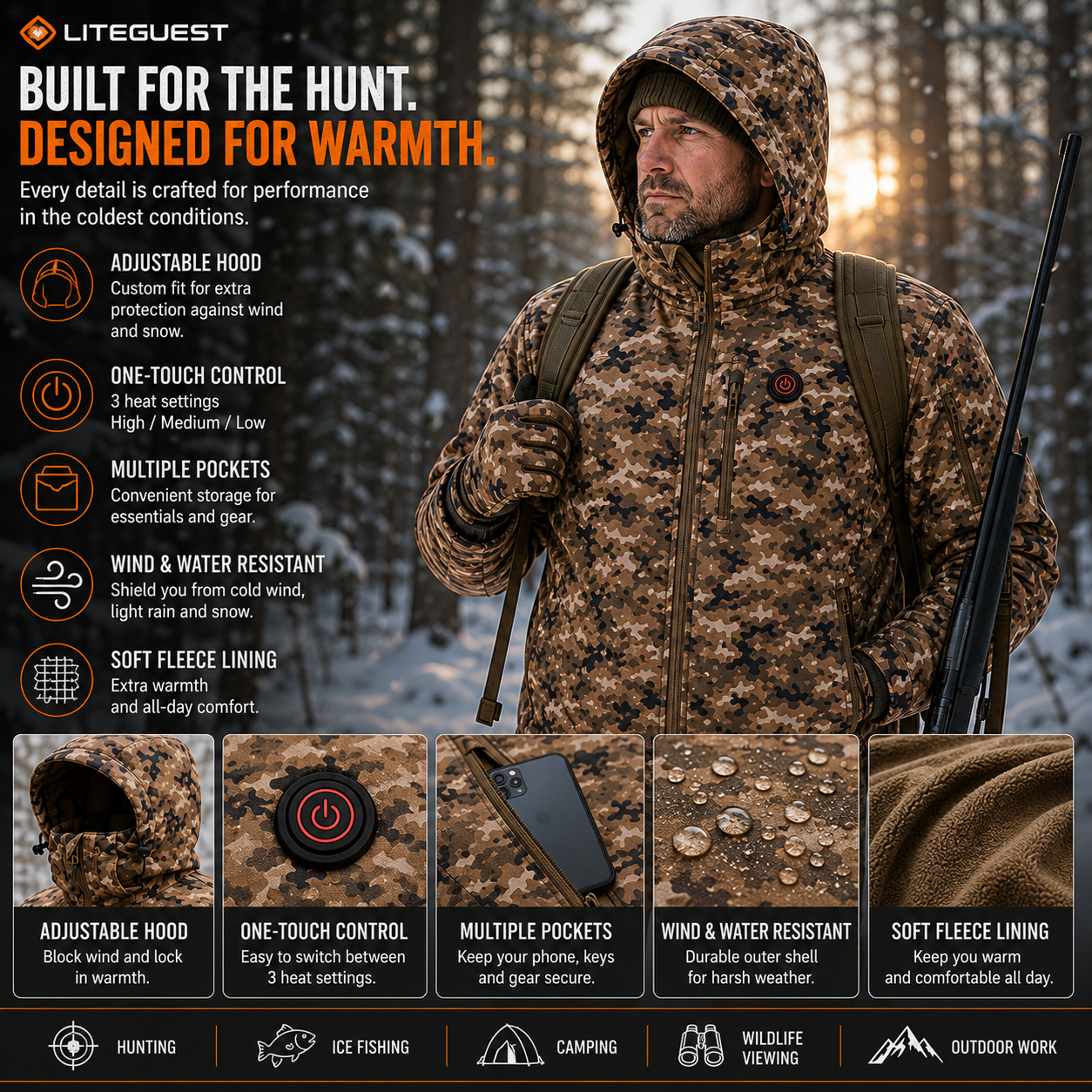 LITEGUEST Heated Camouflage Jacket  Waterproof Outdoor for Winter