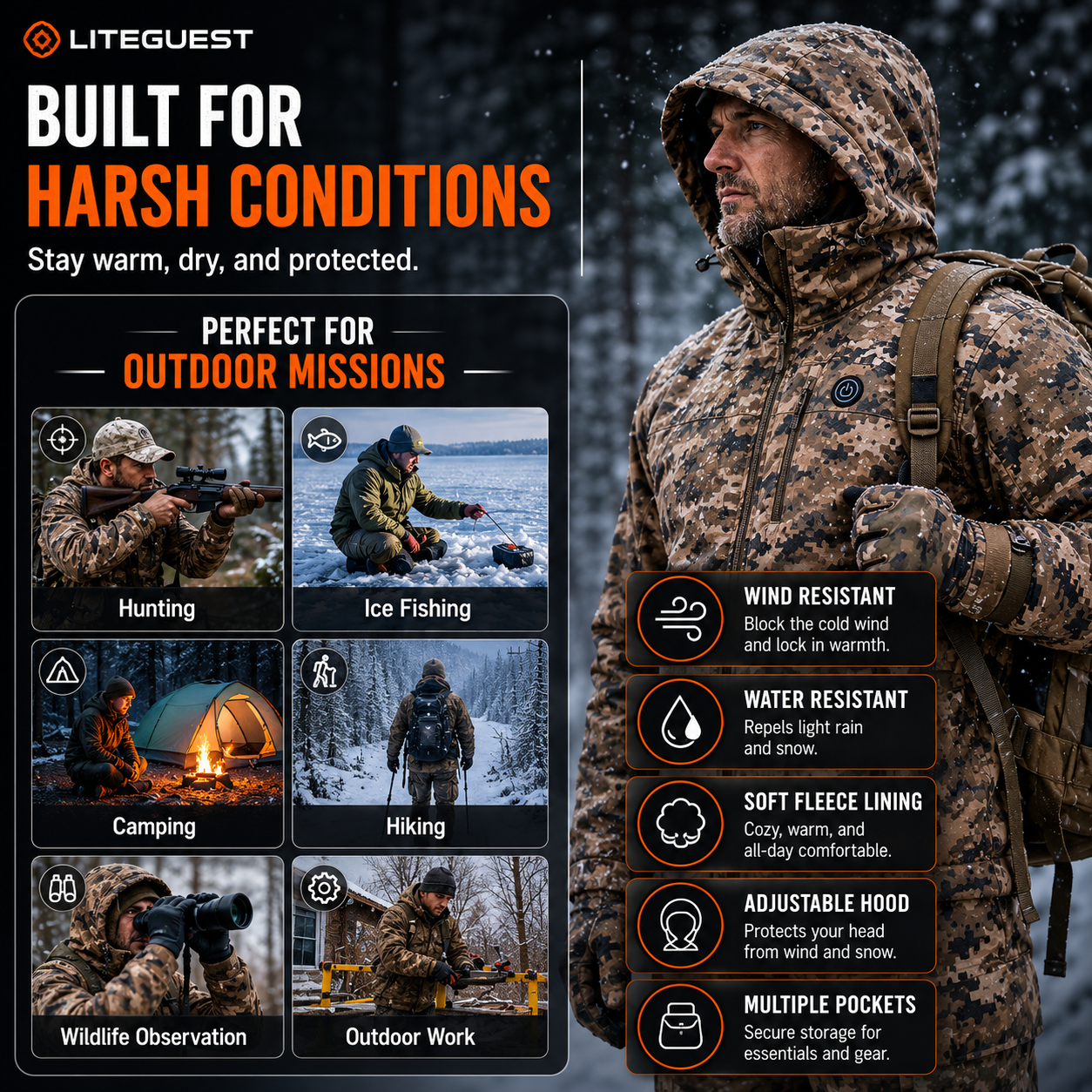 LITEGUEST Heated Camouflage Jacket  Waterproof Outdoor for Winter
