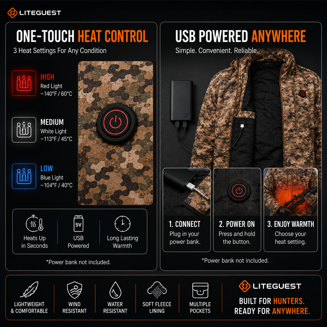 LITEGUEST Heated Camouflage Jacket  Waterproof Outdoor for Winter