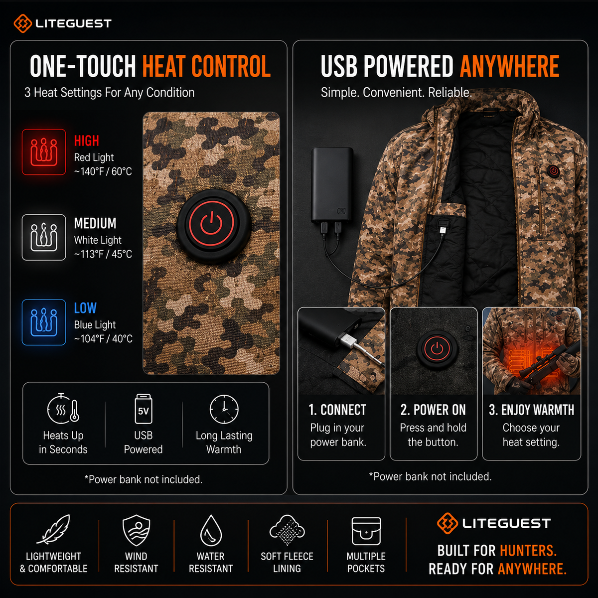 LITEGUEST Heated Camouflage Jacket  Waterproof Outdoor for Winter