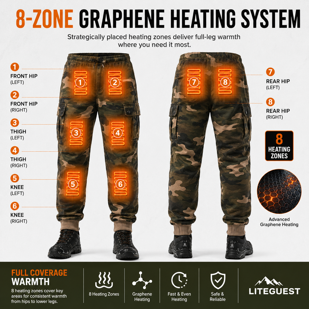 LITEGUEST Heated Pants Cargo Multi-Pocket Outdoor for Winter