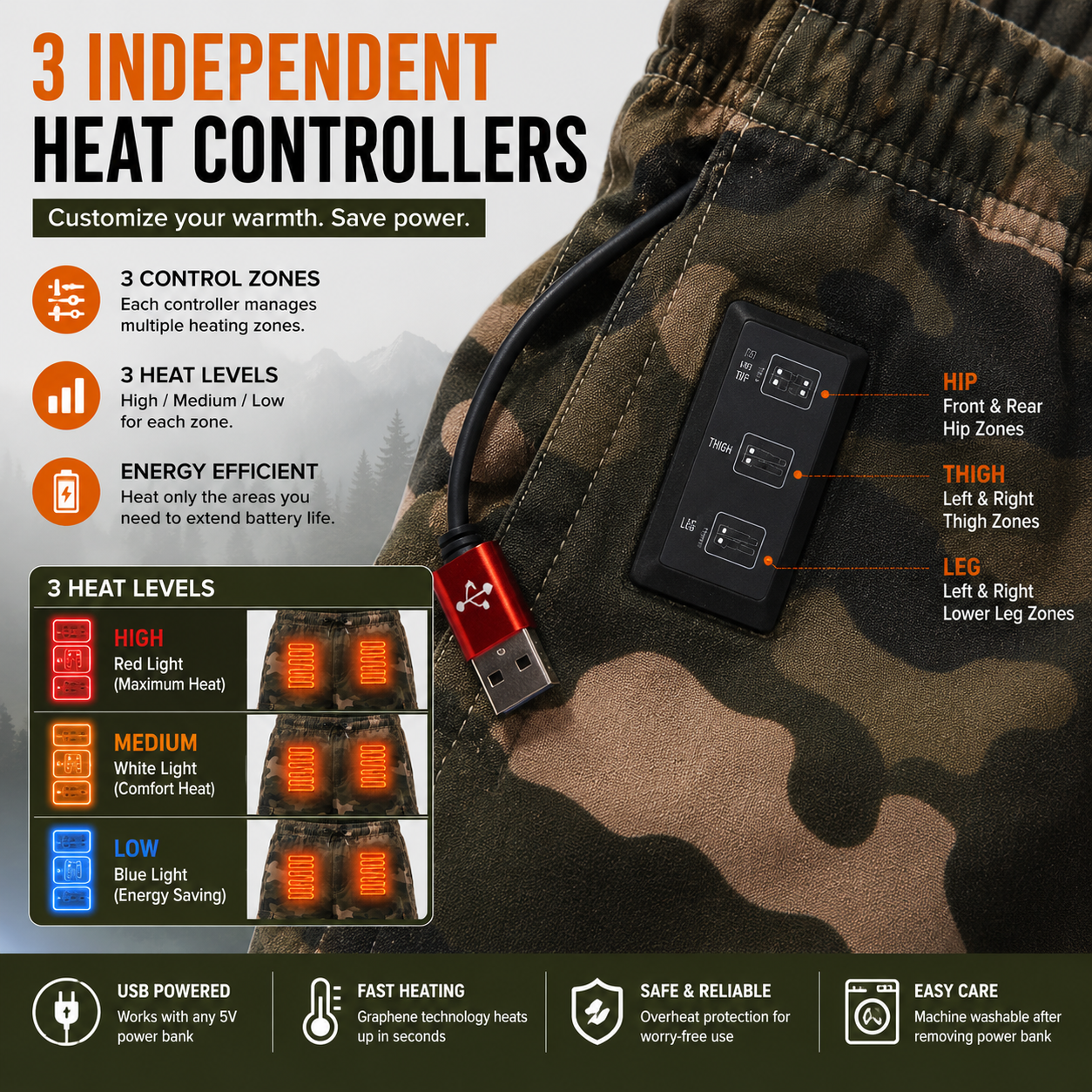 LITEGUEST Heated Pants Cargo Multi-Pocket Outdoor for Winter